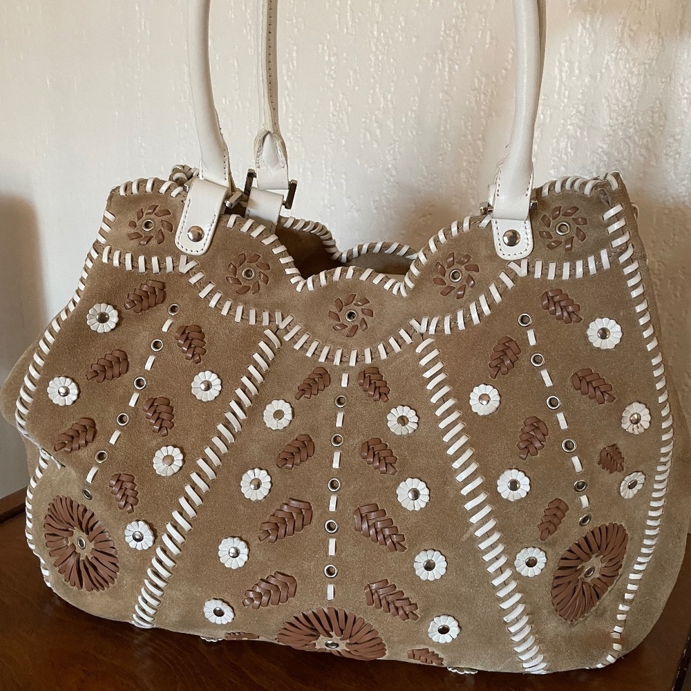 Rafe New York Hobo Bag - Suede with White Design